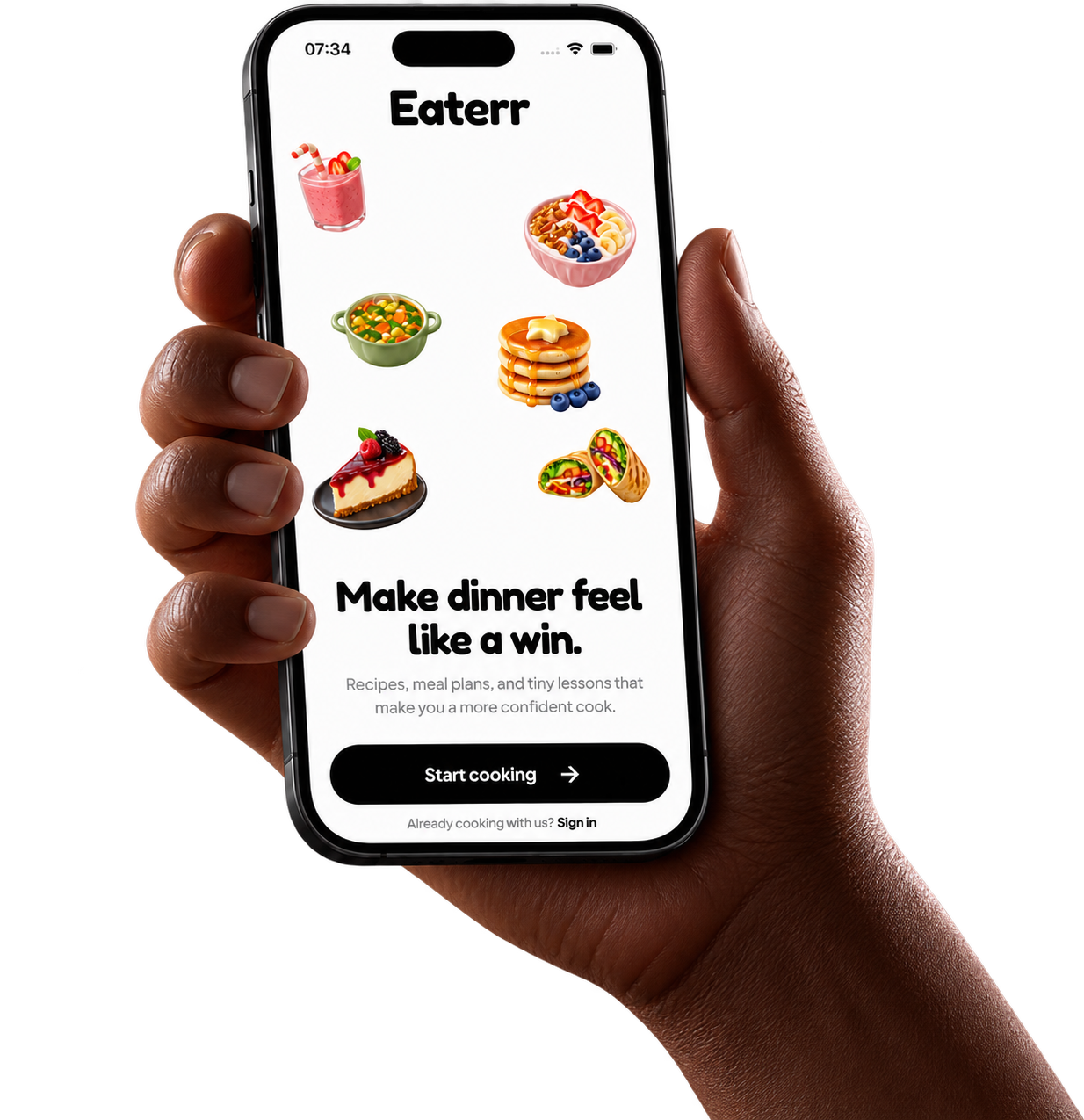 Hand holding an iPhone showing the Eaterr welcome screen